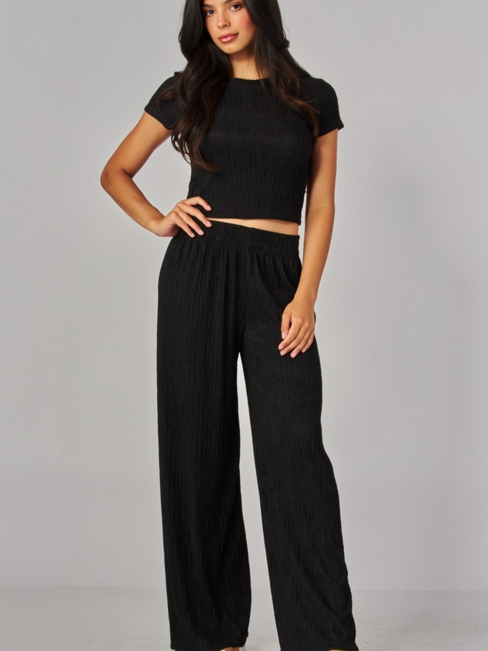 Plus Black Crinkle Short Sleeve Crop Pantsuit